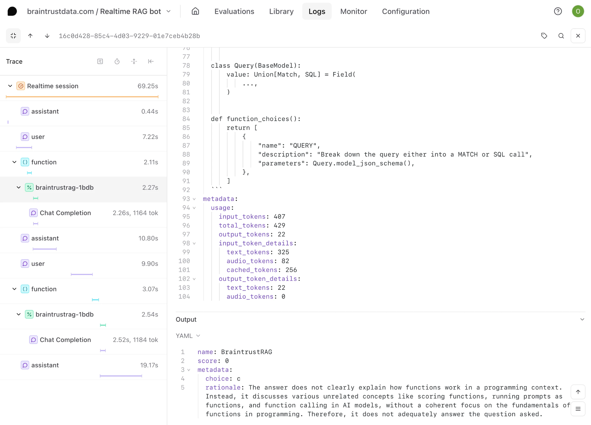 Production RAG trace in Braintrust logs with retrieval and generation spans and an online score attached