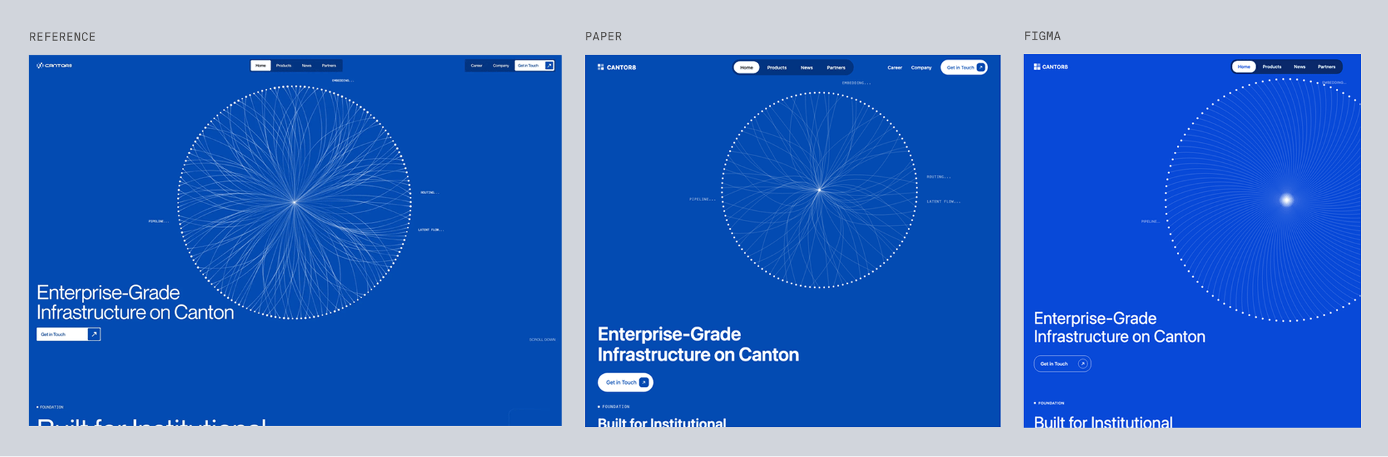 Reference for canton, blue enterprise page with a radial network graph, next to Paper's and Figma's best-of-three recreations