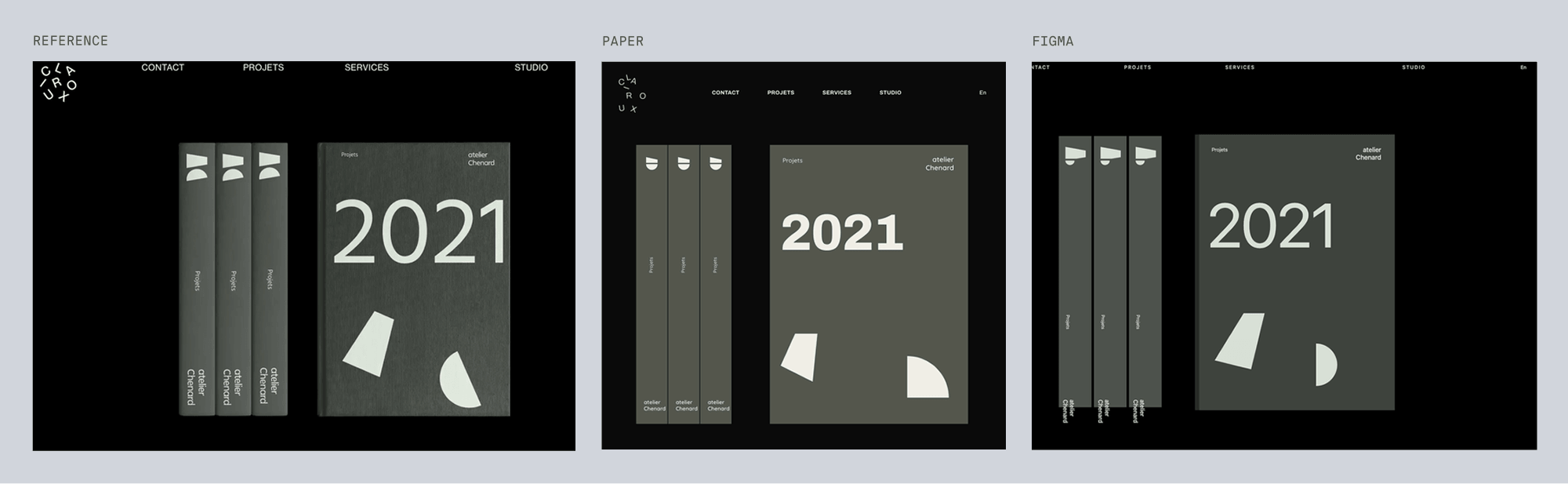 Reference for chenard, dark editorial page with book spines, next to Paper's and Figma's best-of-three recreations