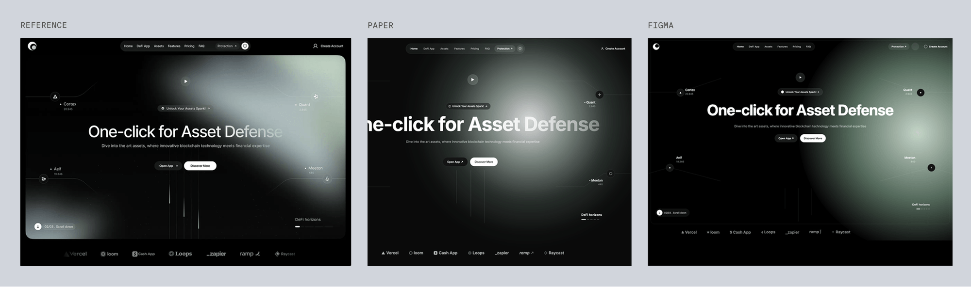 Reference for defi, dark glassmorphism DeFi hero, next to Paper's and Figma's best-of-three recreations