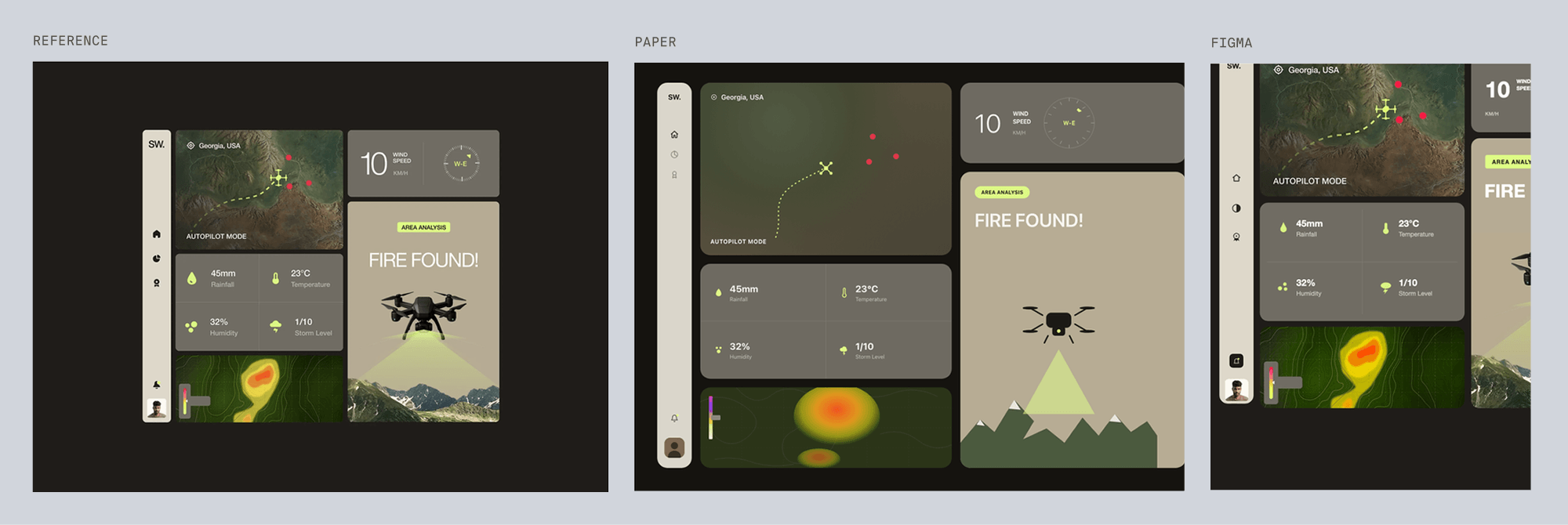Reference for drone, dark drone fire-monitoring dashboard, next to Paper's and Figma's best-of-three recreations