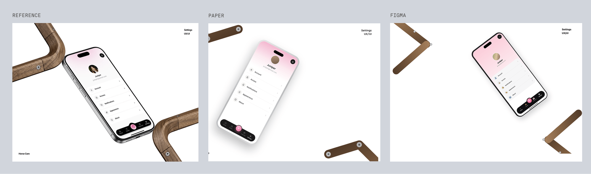 Reference for horsecare, phone mockup on a wooden rail, next to Paper's and Figma's best-of-three recreations