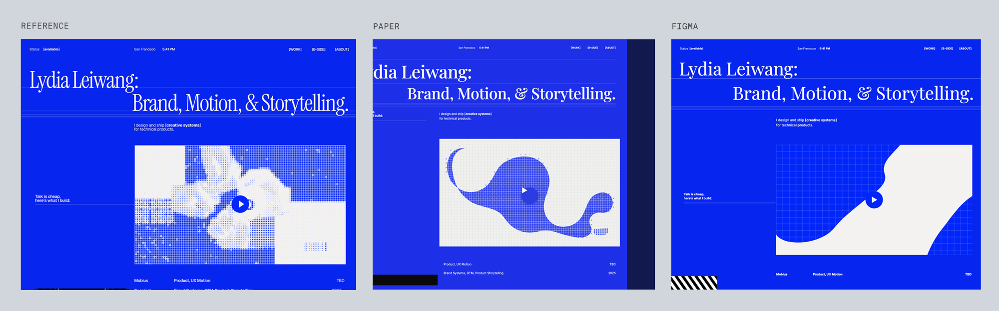 Reference for lydia, blue halftone portfolio hero, next to Paper's and Figma's best-of-three recreations