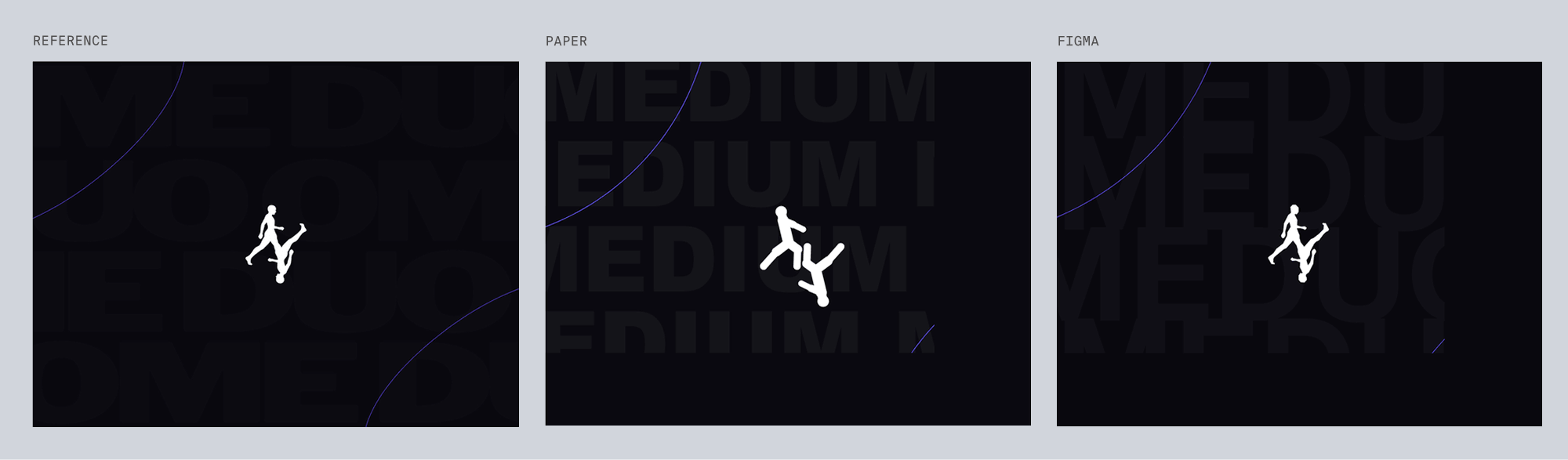 Reference for med, dark typographic page with a small athlete figure, next to Paper's and Figma's best-of-three recreations