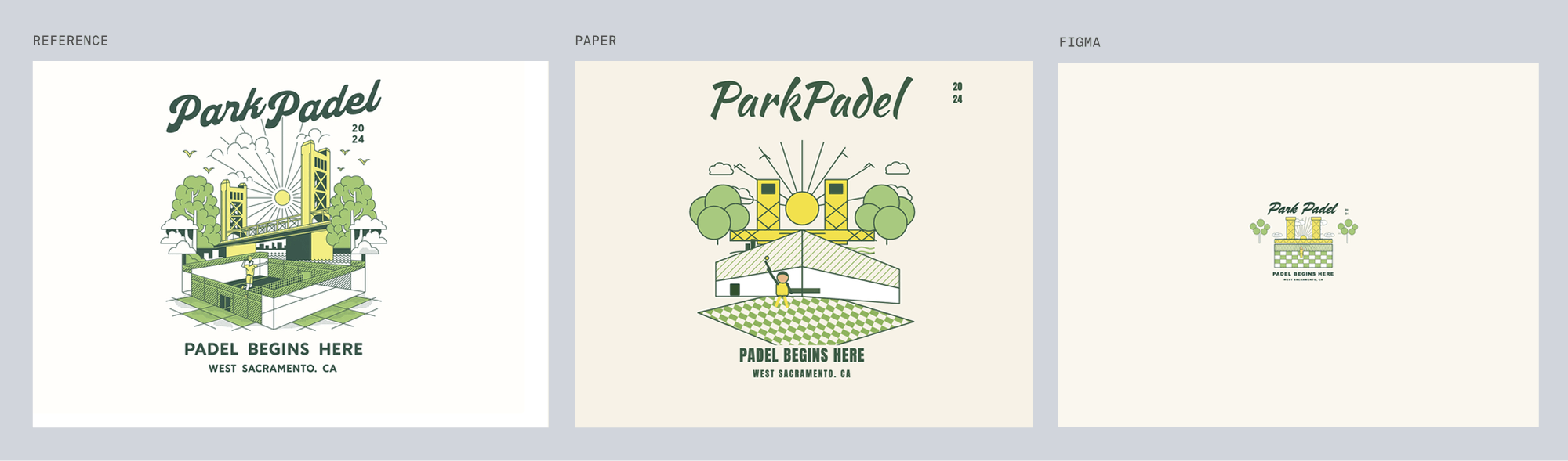Reference poster for Park Padel, a detailed flat illustration filling the frame, next to Paper's recreation at full scale and Figma's recreation, where the artwork is reproduced but shrunk to a small badge floating in empty space