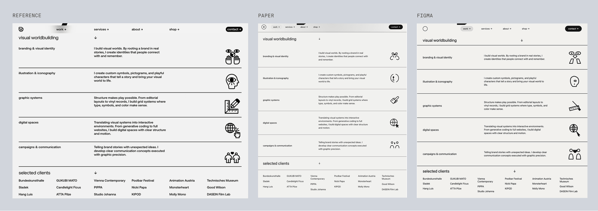 Reference for worldbuild, editorial services table with icons, next to Paper's and Figma's best-of-three recreations