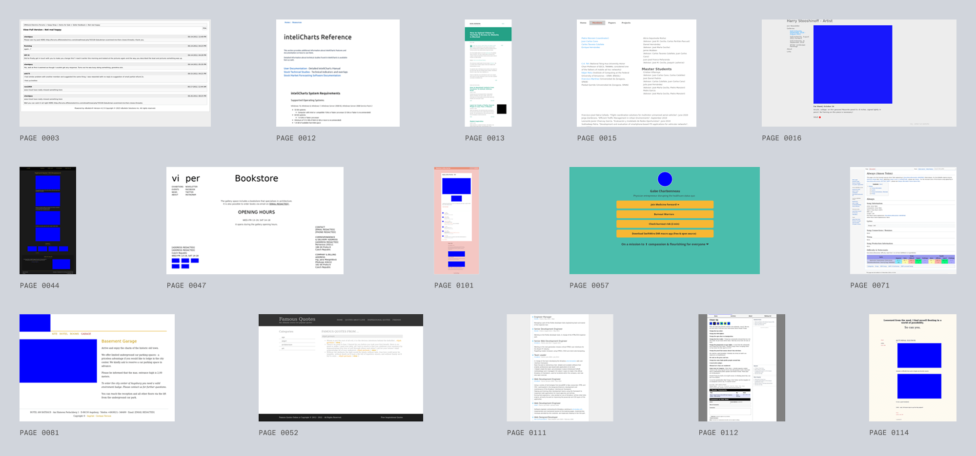 Contact sheet of 15 of the 40 sampled Design2Code pages, each labeled with its benchmark page number. The set includes forum threads, artist portfolios, documentation sites, personal blogs, small-business pages, and quote and jokes sites. Many pages contain solid blue rectangles where photos would be.