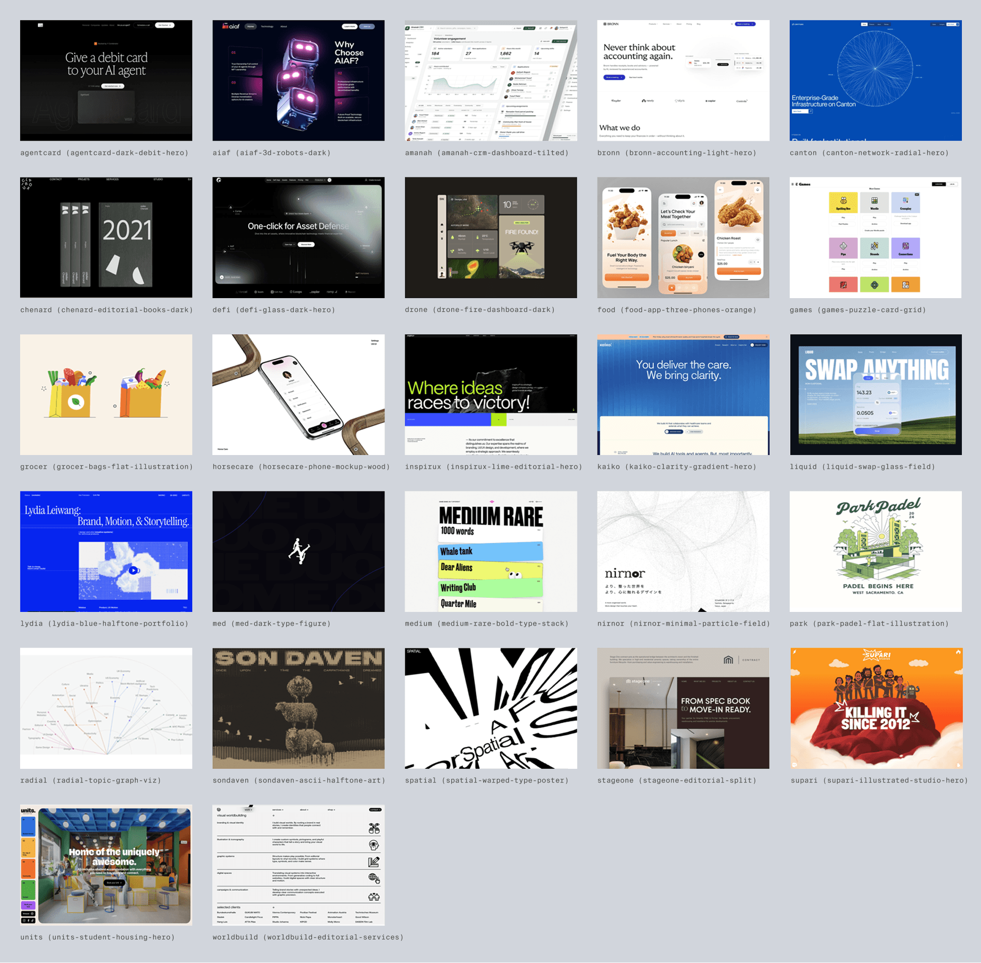 Contact sheet of all 27 complex designs with their short names: agentcard, aiaf (3D robots), amanah (CRM dashboard), bronn, canton, chenard, defi (glass hero), drone (fire dashboard), food (app phones), games, grocer, horsecare, inspirux, kaiko, liquid (glass swap widget), lydia, med, medium (bold type stack), nirnor, park (flat illustration), radial (topic graph), sondaven, spatial, stageone, supari, units, and worldbuild.